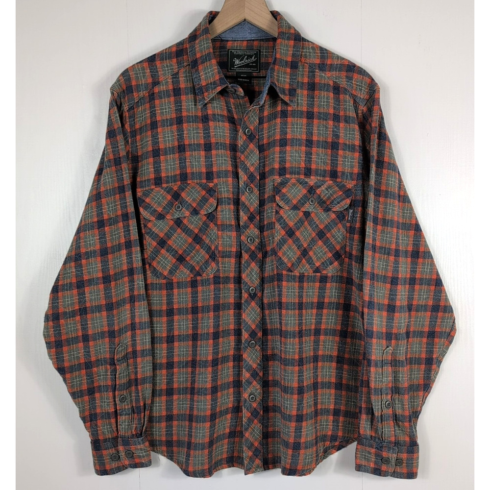 Woolrich Trout Run Mens M Flannel Shirt Plaid Orange Blue Long Sleeve Cotton
